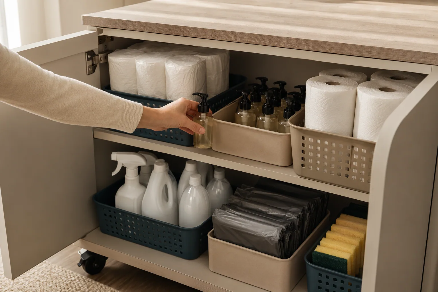 Organized basic guest consumables including paper goods, soap, trash bags, and cleaning products