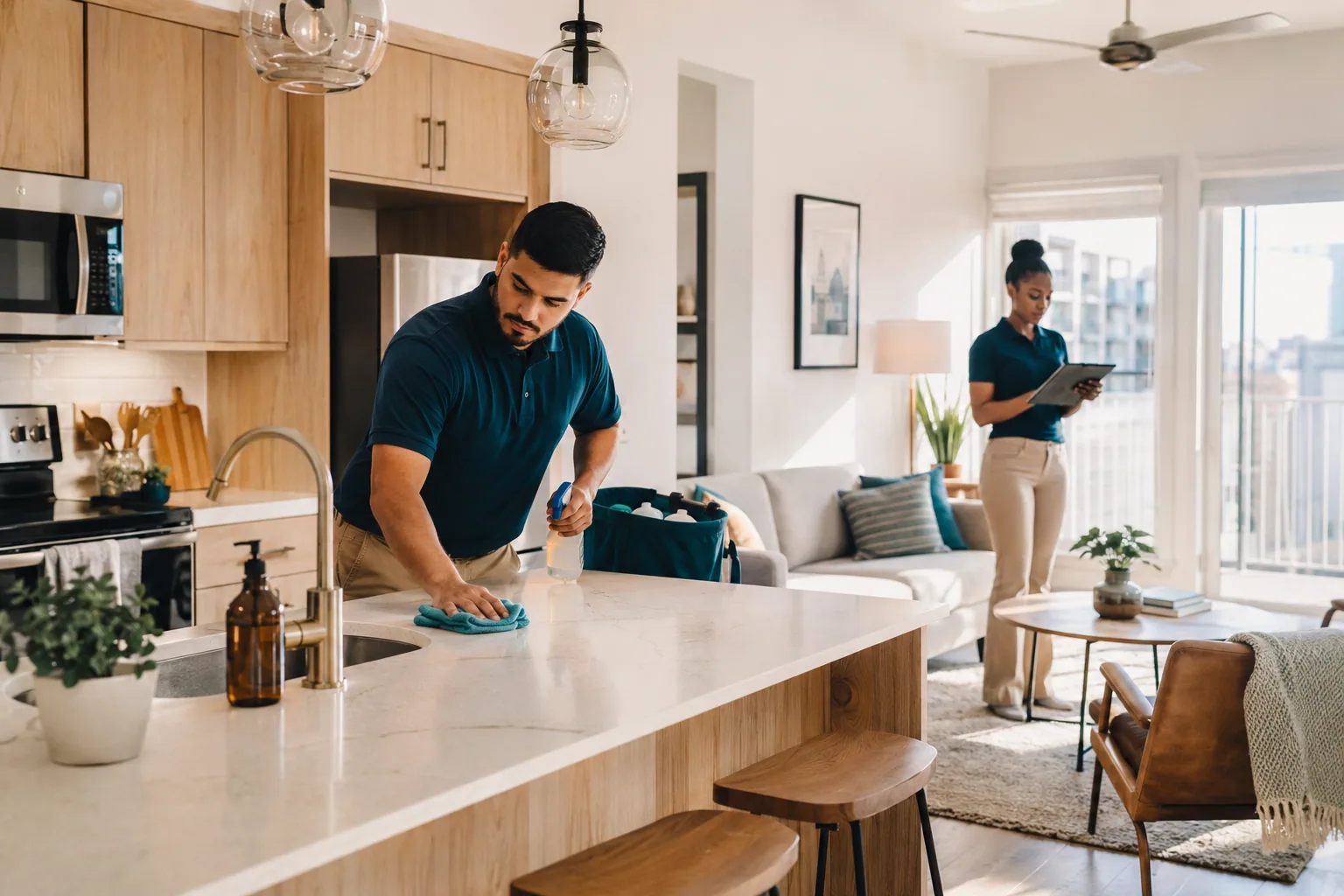 A professional turnover team preparing a modern short-term rental